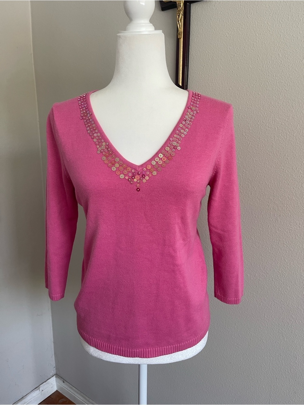 Women's Fuchsia V-Neck Sweater with Sequin Detail